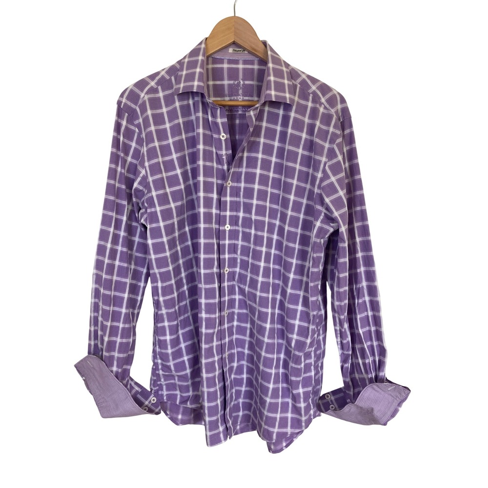 Bugatchi Uomo Mens Purple White Check Long Sleeve Button Down Shaped Fit Shirt L